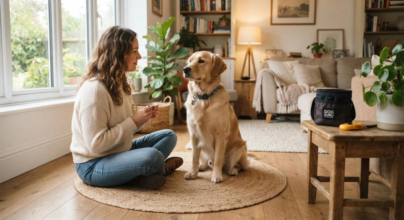 A dog sitting attentively on a training mat in a bright, tidy living room with treats nearby.