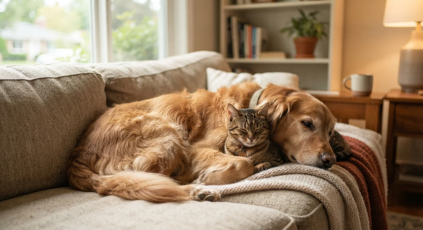 A calm dog and cat sitting together on a couch in a softly lit living room