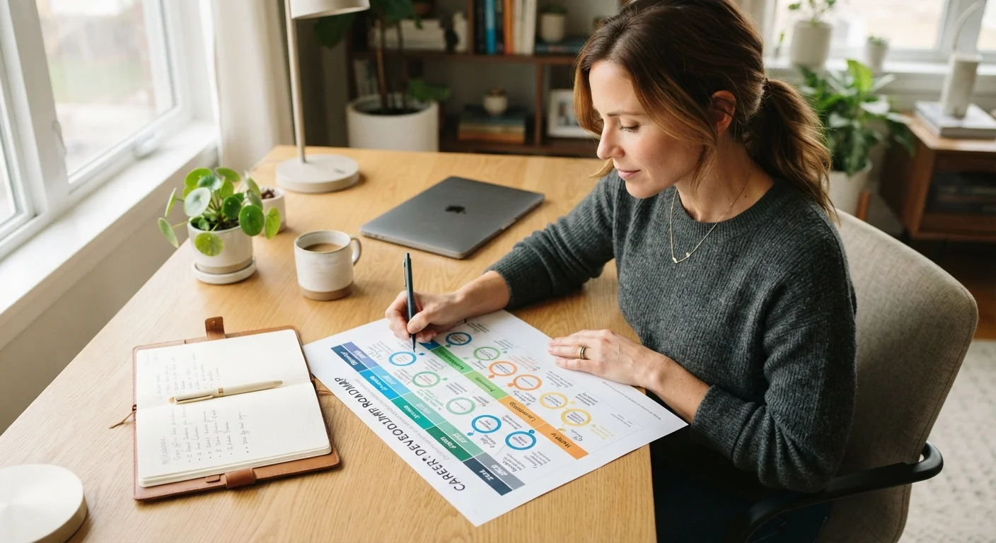Adult professional reviewing a structured career development plan document at a desk
