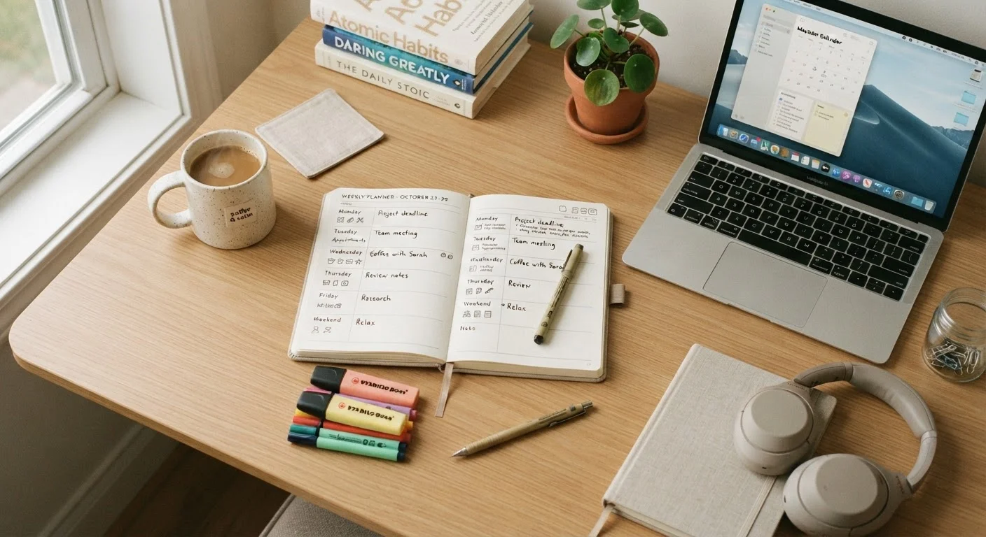 An open weekly planner on a clean desk with colored pens and a coffee cup