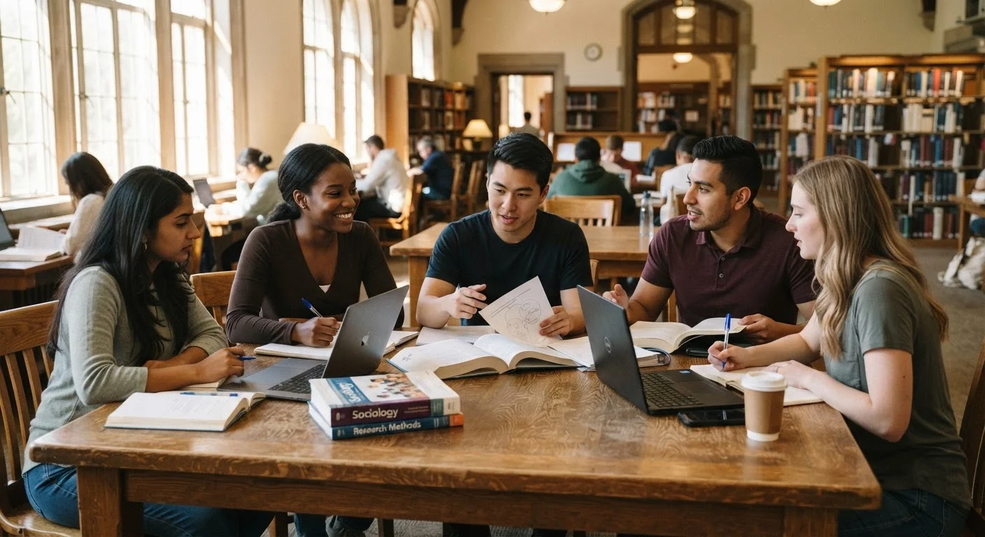 Diverse group of adults studying with books and laptops at a library table