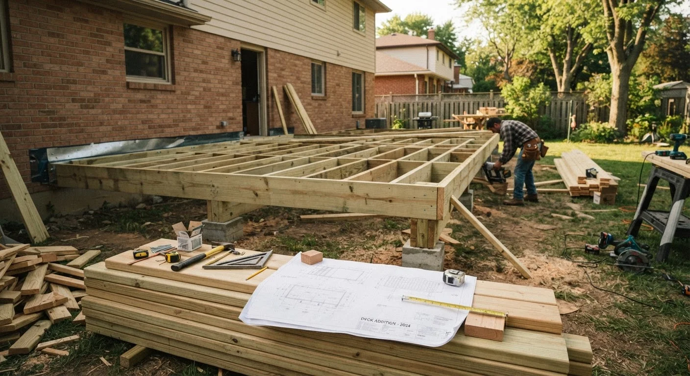 Partially constructed wooden deck with framing and blueprints laid on lumber in a suburban backyard