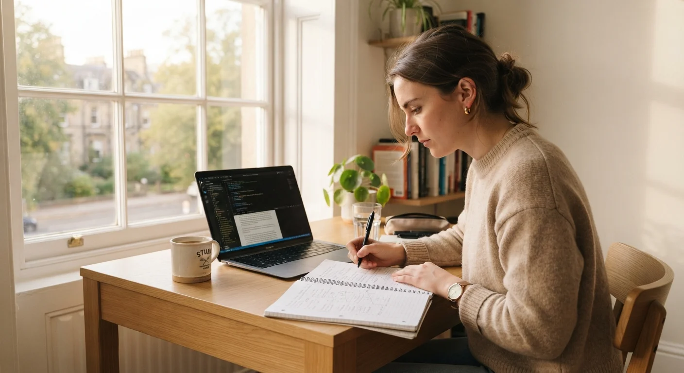 A student studying intently at a tidy desk in warm natural light.