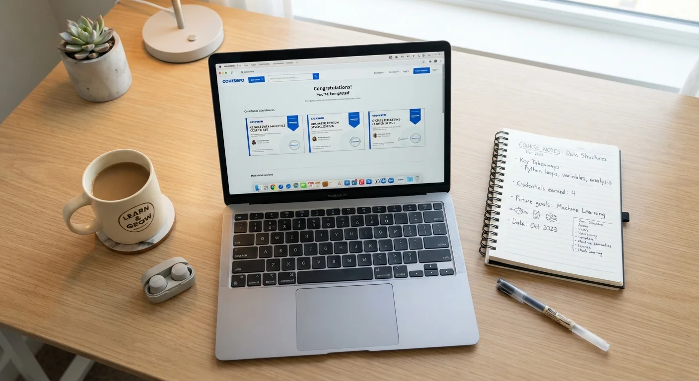 Laptop showing digital certificates on screen beside a notebook with credential notes on a clean desk