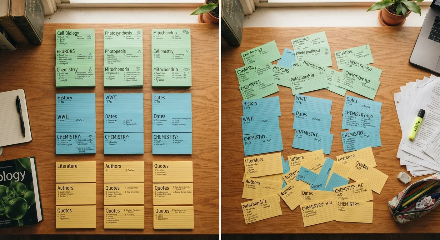 Two study arrangements contrasting blocked card groupings with mixed interleaved flashcard piles