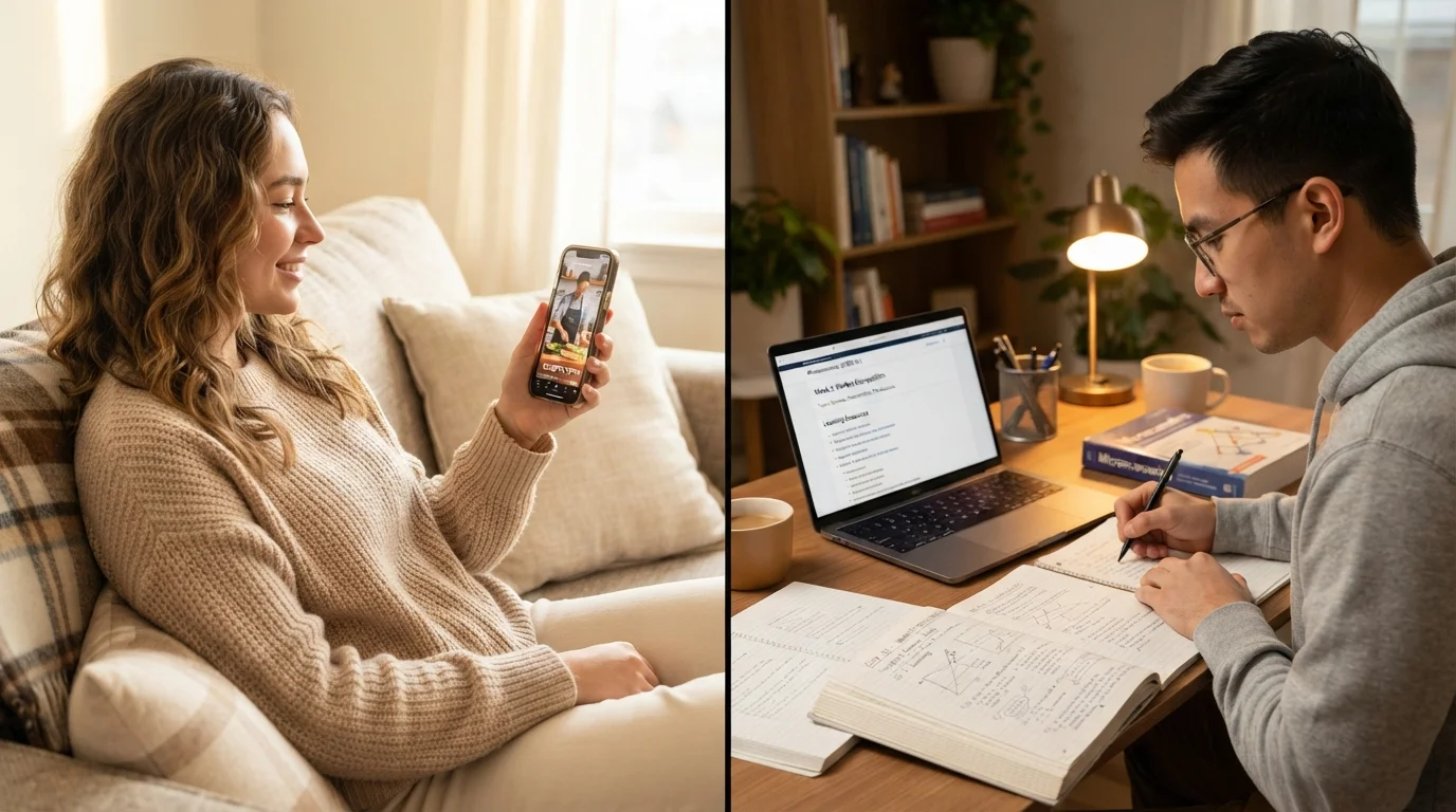 Two adults learning: one using a phone for short lessons, another studying a deep course on a laptop