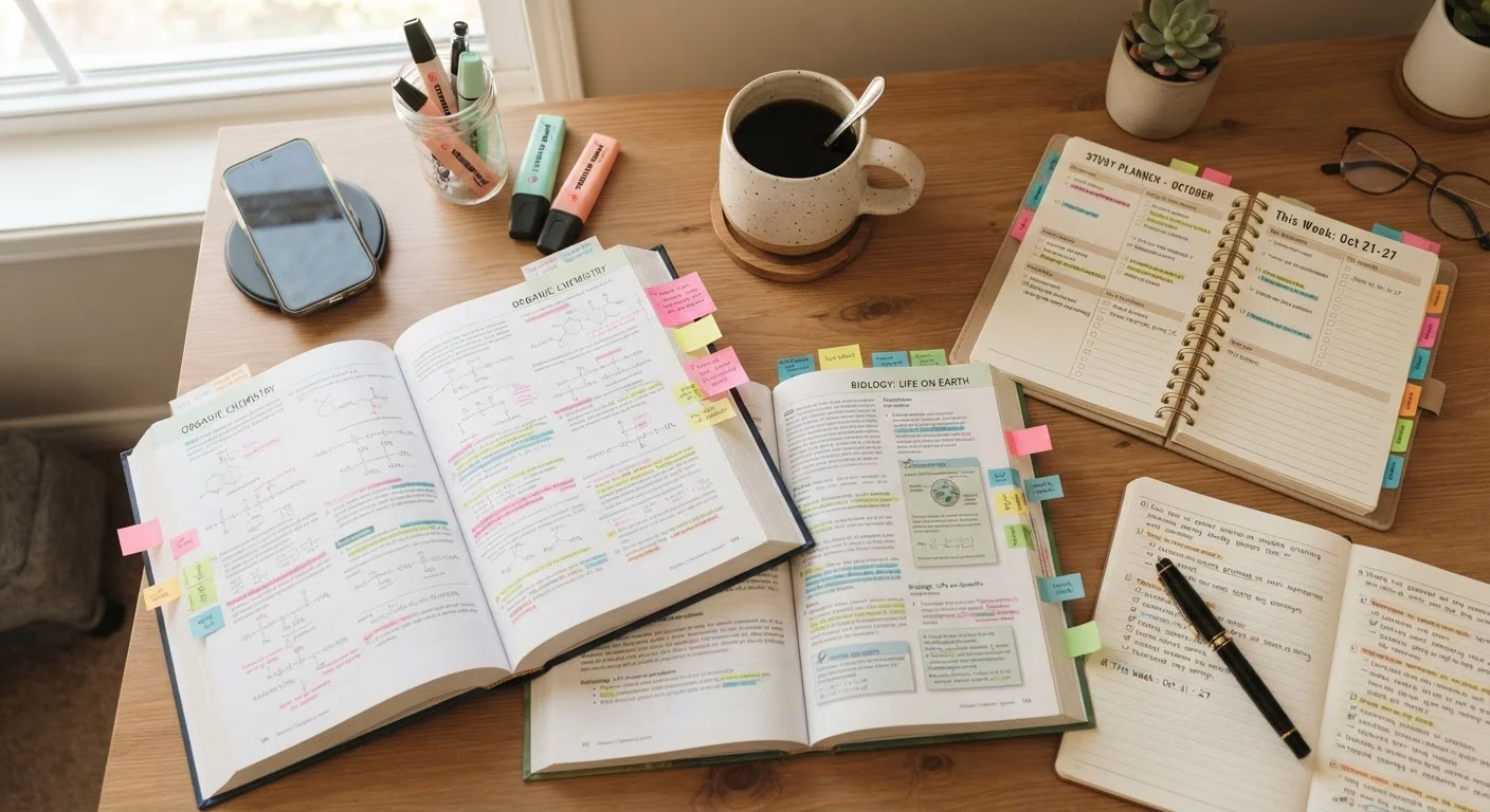 Organized study desk with textbooks, sticky notes, planner, and coffee cup for exam preparation