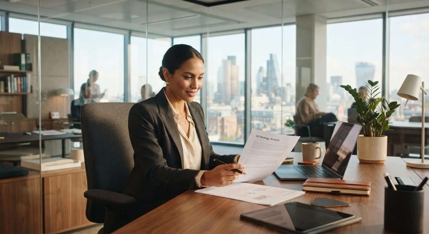 A professional adult reviewing career documents at a modern office desk with natural light