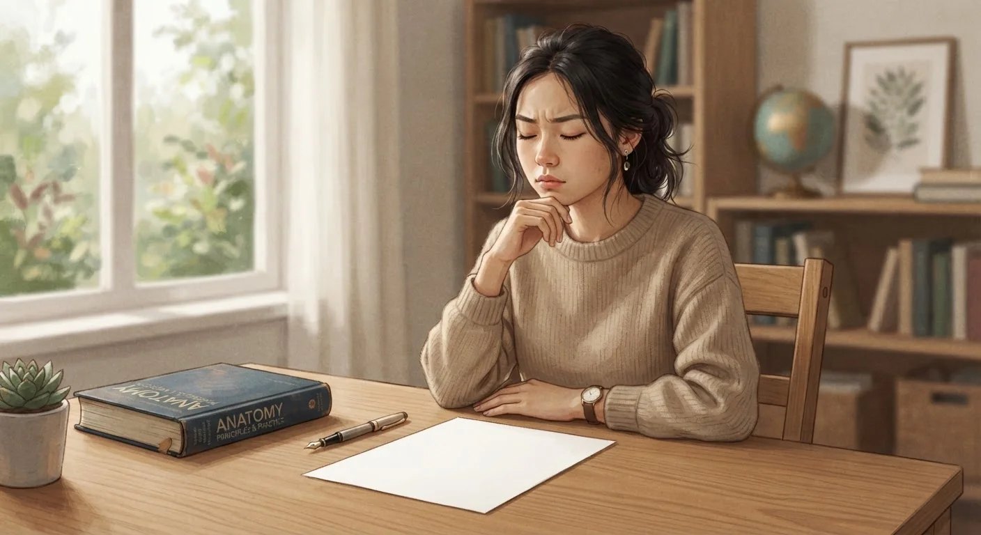 Student at a desk with eyes closed, practicing memory recall from a closed textbook
