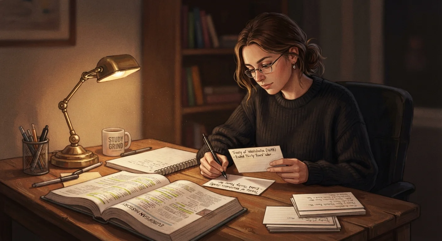 Student writing answers on blank flashcards from memory at a well-lit study desk