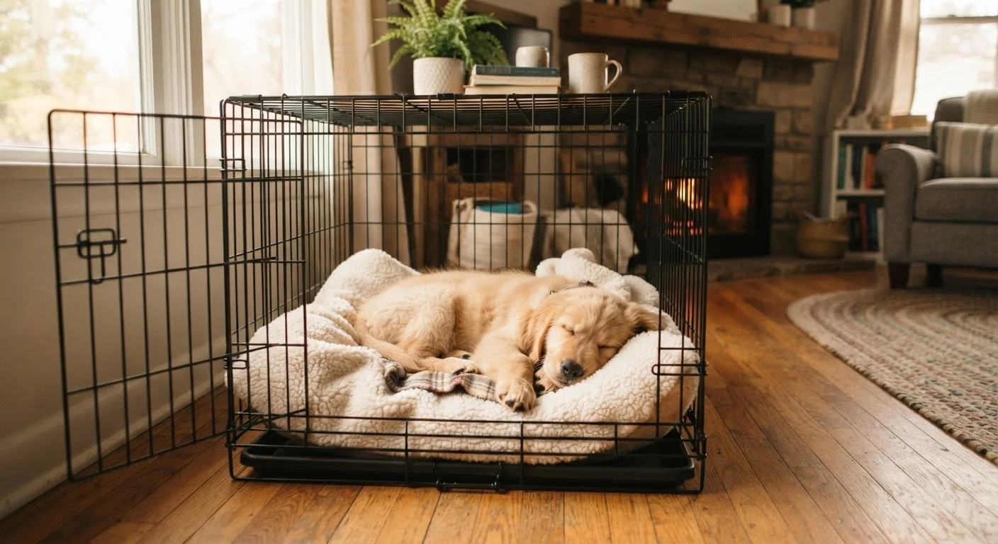 A golden retriever puppy resting comfortably inside an open wire crate with a soft blanket