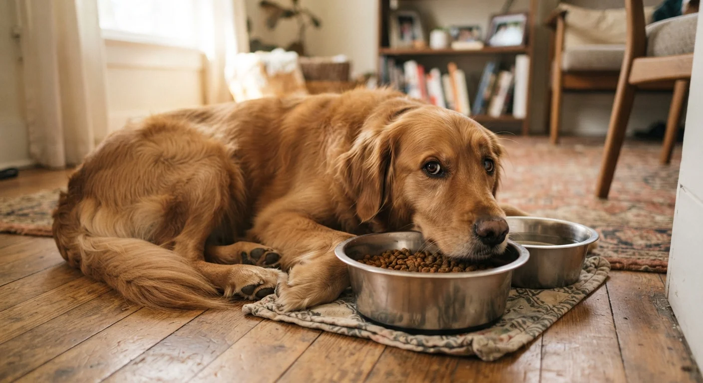 A dog lying near its food bowl displaying guarding body language with cautious eyes
