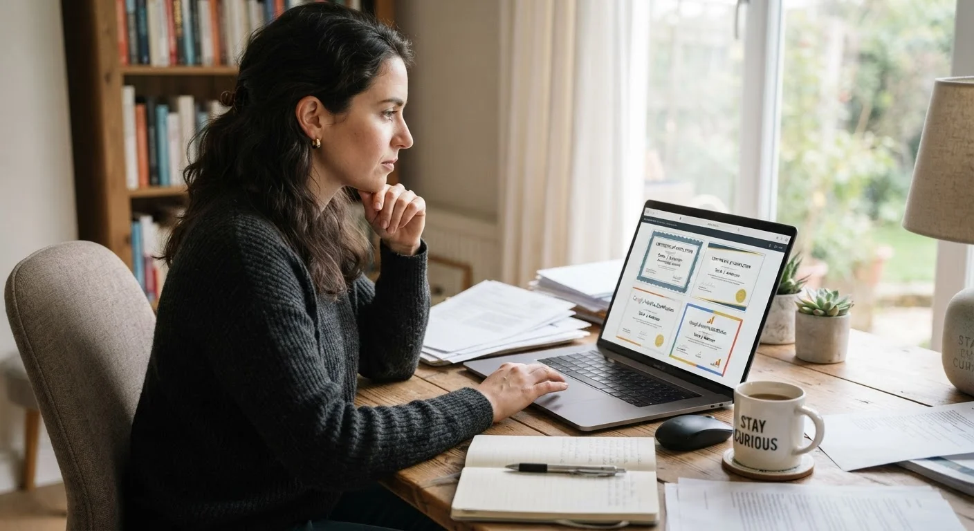 Adult professional reviewing online certificates on a laptop at a well-lit desk